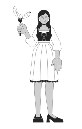 Indian woman in dirndl holding grilled sausage  Illustration