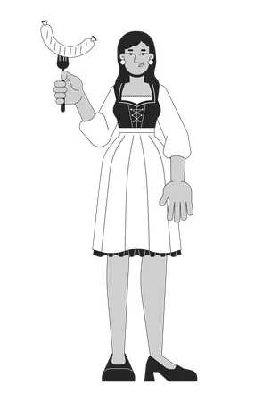 Indian woman in dirndl holding grilled sausage  Illustration