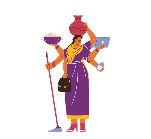 Indian woman in sari combining work and household duties  Illustration