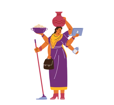 Indian woman in sari combining work and household duties  Illustration