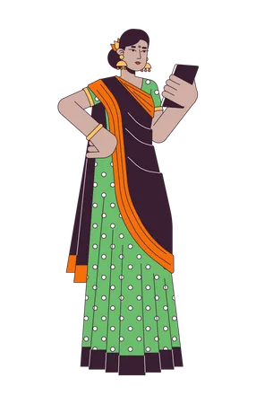 Indian woman in sari using gadget  Illustration