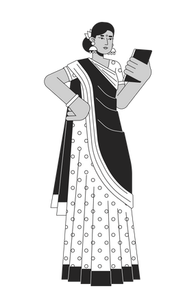 Indian woman in sari using gadget  Illustration