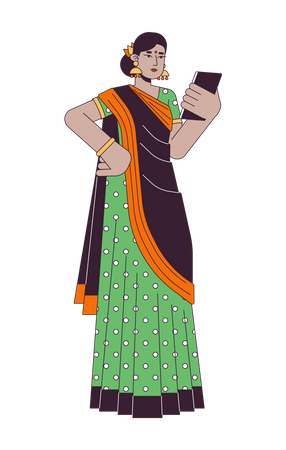 Indian woman in sari using gadget  Illustration