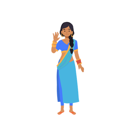 Indian woman in traditional blue saree waving hand with gold jewelry and braid hairstyle  Illustration