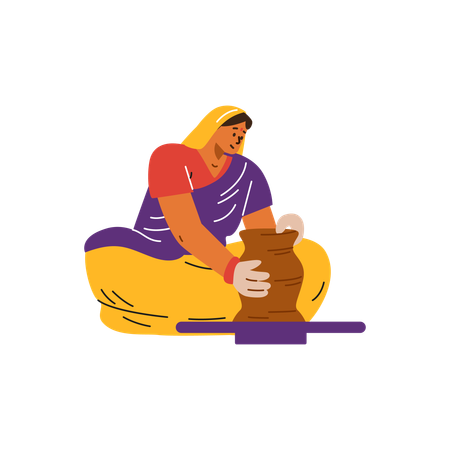 Indian woman in traditional clothing making clay pot  Illustration