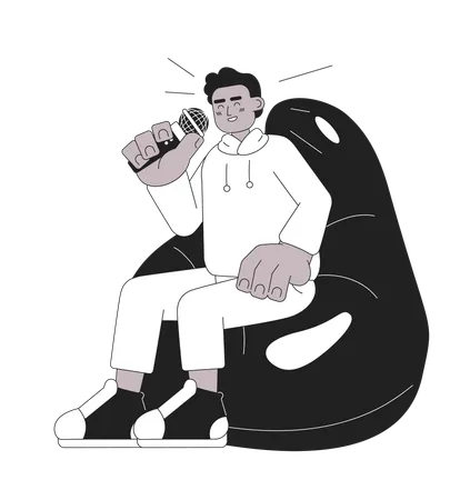 Laughing African American Man Beanbag Chair Black And White 2 D Cartoon Character Tv Show Host Adult Black Guy Holding Mic Isolated Vector Outline Person Comedian Monochromatic Flat Spot Illustration イラスト