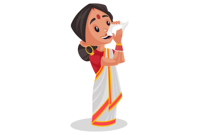 Indian woman is blowing conch shell  Illustration