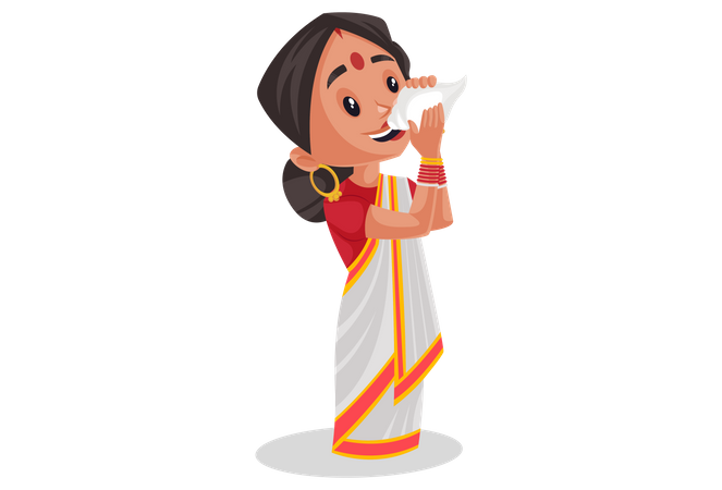 Indian woman is blowing conch shell  Illustration