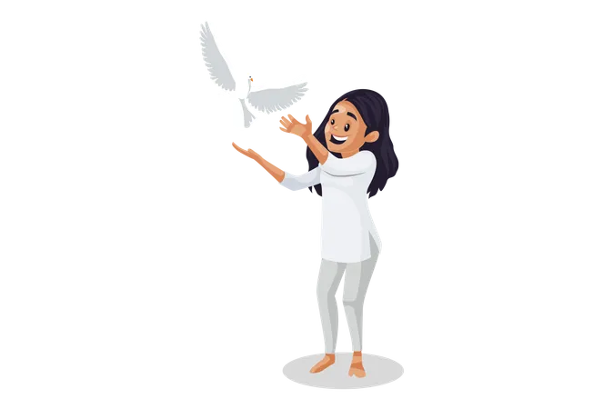 Indian woman is flying pigeon  Illustration