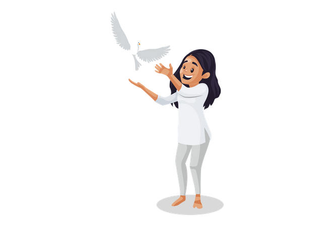 Indian woman is flying pigeon  Illustration