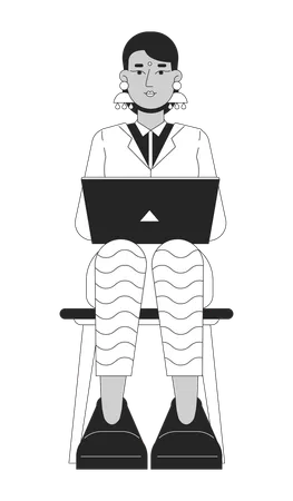Indian Woman Job Seeker Black And White 2 D Line Cartoon Character Typing Laptop South Asian Female Isolated Vector Outline Person Meeting Appointment Interview Monochromatic Flat Spot Illustration Illustration