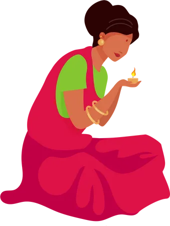 Indian woman lighting candle Illustration