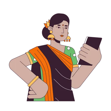 Indian Woman Looking On Smartphone Flat Line Color Vector Character Editable Outline Half Body Person On White Online Communication Simple Cartoon Spot Illustration For Web Graphic Design Illustration