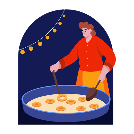 Indian woman making Fried sweets  Illustration