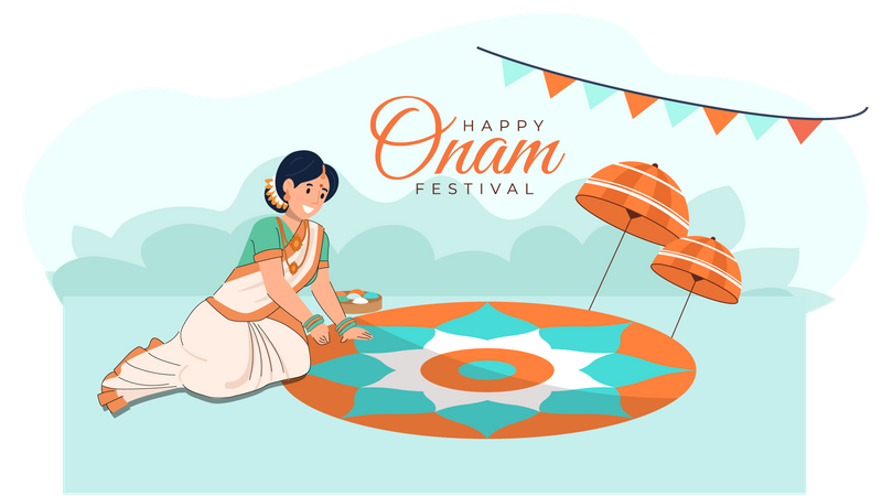 Indian woman making Rangoli on onam  Illustration