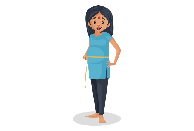Indian woman Measuring waist using tape  イラスト