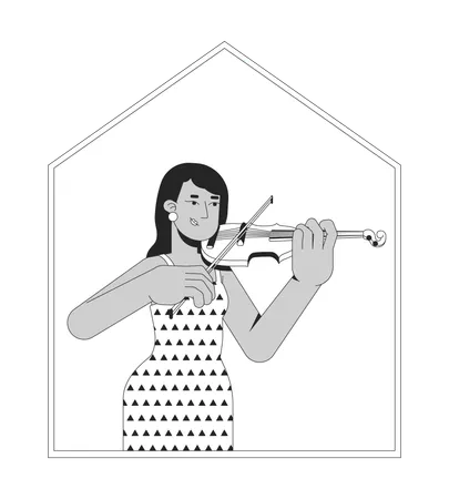 Indian woman playing violin in home  Illustration