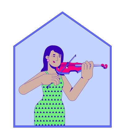 Indian woman playing violin in home  Illustration