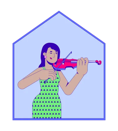 Indian woman playing violin in home  Illustration