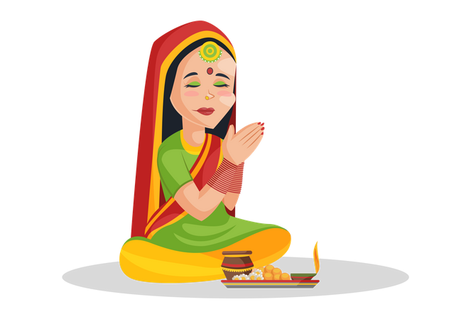 Indian woman praying to god  Illustration