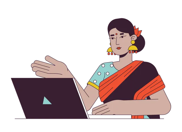 Indian Woman Professional With Laptop Flat Line Color Vector Character Editable Outline Half Body Person On White Hindu Lady On Web Meeting Simple Cartoon Spot Illustration For Web Graphic Design Illustration