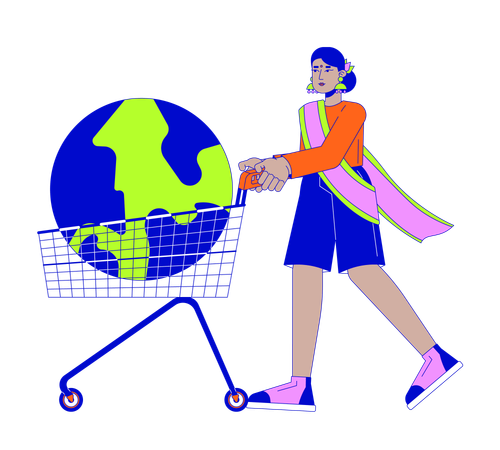 Indian woman pushing cart with earth globe  Illustration