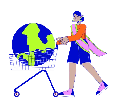Indian Woman Pushing Cart With Earth Globe 2 D Linear Illustration Concept Hindu Female Overconsumption Cartoon Character Isolated On White Buy World Metaphor Abstract Flat Vector Outline Graphic Illustration
