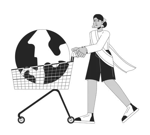 Indian Woman Pushing Cart With Earth Globe Black And White 2 D Illustration Concept Hindu Female Overconsumption Cartoon Outline Character Isolated On White Buy World Metaphor Monochrome Vector Art Illustration