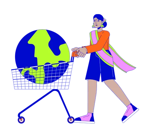 Indian woman pushing cart with earth globe  Illustration