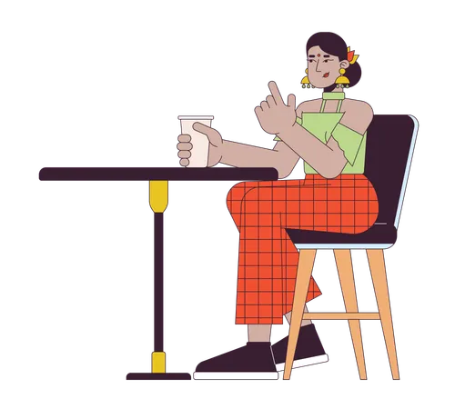 Indian Woman Sitting At Cafe Table 2 D Linear Cartoon Character South Asian Female Visiting Coffee Shop Isolated Line Vector Person White Background Relaxation Color Flat Spot Illustration Illustration