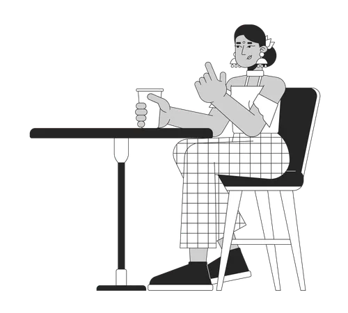 Indian Woman Sitting At Cafe Table Black And White 2 D Line Cartoon Character South Asian Female Visiting Coffee Shop Isolated Vector Outline Person Relaxation Monochromatic Flat Spot Illustration Illustration