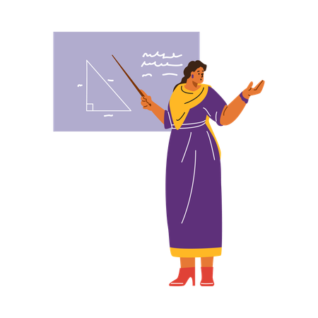 Indian woman teacher in traditional sari uses blackboard to explain geometry  Illustration