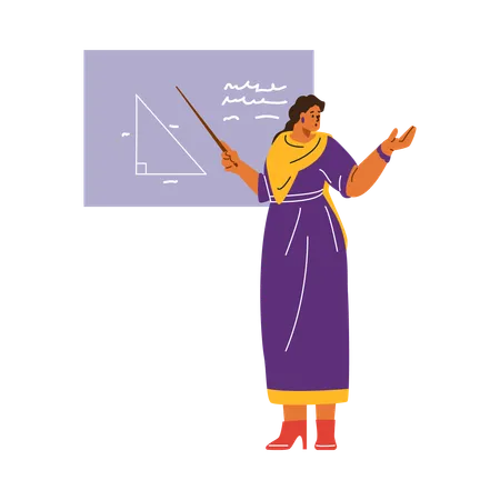 Indian woman teacher in traditional sari uses blackboard to explain geometry  Illustration