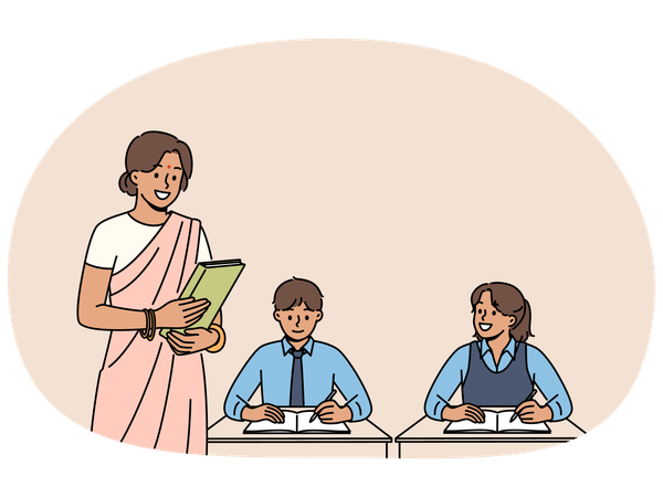 인도 여성 교사가 초등학교에서 일하다  일러스트레이션