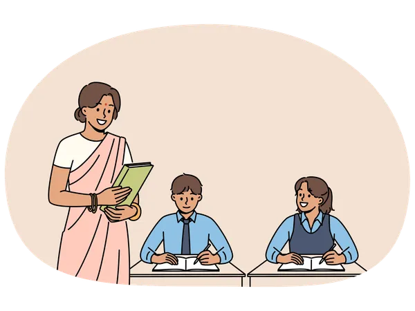 인도 여성 교사가 초등학교에서 일하다  일러스트레이션