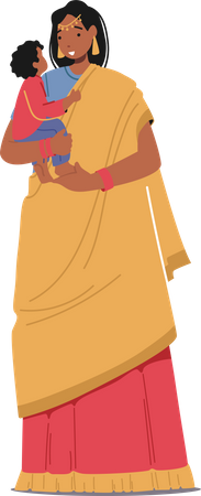 Indian woman wearing a Sari holding baby in hands Illustration