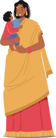 Indian Woman Wear Red Sari And Yellow Scarf Holding Baby On Hands Mother Female Character In Traditional Clothes Girl With Child Full Height Tradition Of India Cartoon People Vector Illustration イラスト