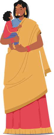 Indian woman wearing a Sari holding baby in hands  Illustration