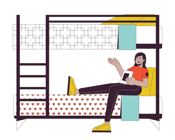 Indian Woman With Book Sitting On Bunkbed Flat Line Color Vector Character Editable Outline Full Body Person On White Student Girl In Dorm Simple Cartoon Spot Illustration For Web Graphic Design Illustration