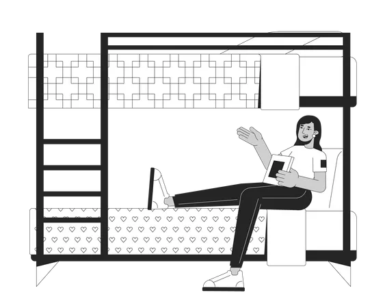 Indian Woman With Book Sitting On Bunkbed Flat Line Black White Vector Character Editable Outline Full Body Person Student Girl In Dorm Simple Cartoon Isolated Spot Illustration For Web Design Illustration