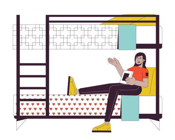 Indian woman with book sitting on bunkbed  Illustration