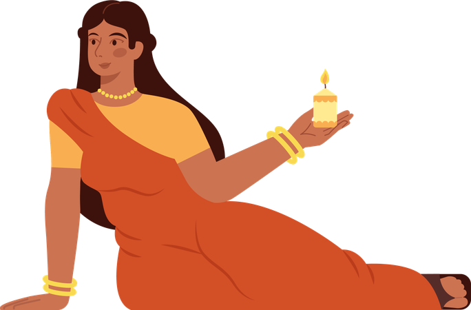 Indian Woman With Candle  Illustration