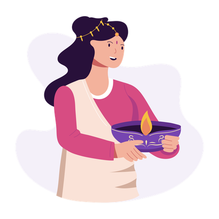 Indian woman with diwali lamp  Illustration