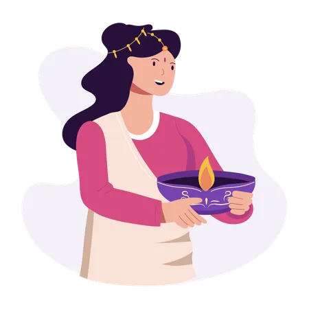 Indian woman with diwali lamp  Illustration