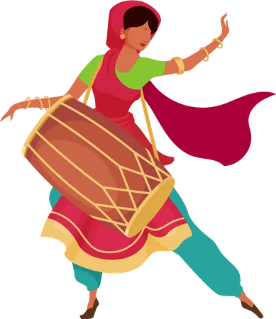 Indian Woman With Drum Flat Color Vector Faceless Character Female In Sari Perform On Teej Festival Diwali Celebration Isolated Cartoon Illustration For Web Graphic Design And Animation Illustration