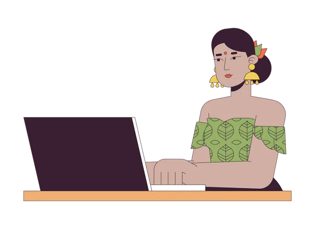 Indian woman working on laptop  Illustration