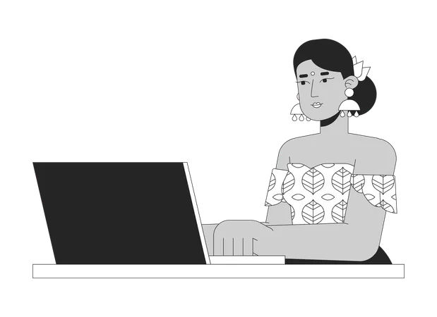 Indian Woman Working On Laptop Black And White 2 D Line Cartoon Character Hindu Female Teleworker At Computer Isolated Vector Outline Person Outsource Employee Monochromatic Flat Spot Illustration Illustration