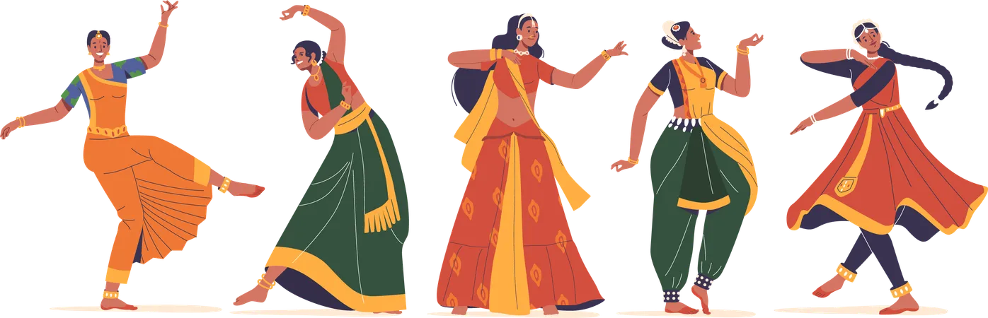 Indian Women Dance In A Captivating Fusion Of Grace And Vigor Embodying Rich Cultural Narratives Through Intricate Movements Expressive Gestures And Vibrant Costumes Celebrating Heritage Of India Illustration