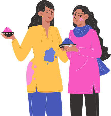 Indian women enjoying color festival  Illustration