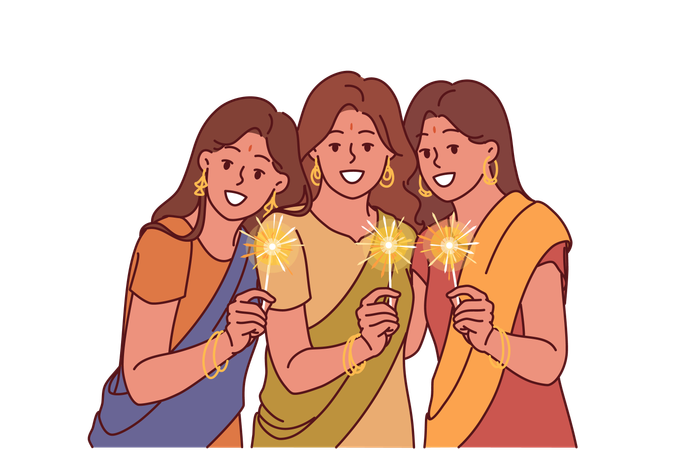 Indian women with sparklers celebrate diwali festival  イラスト